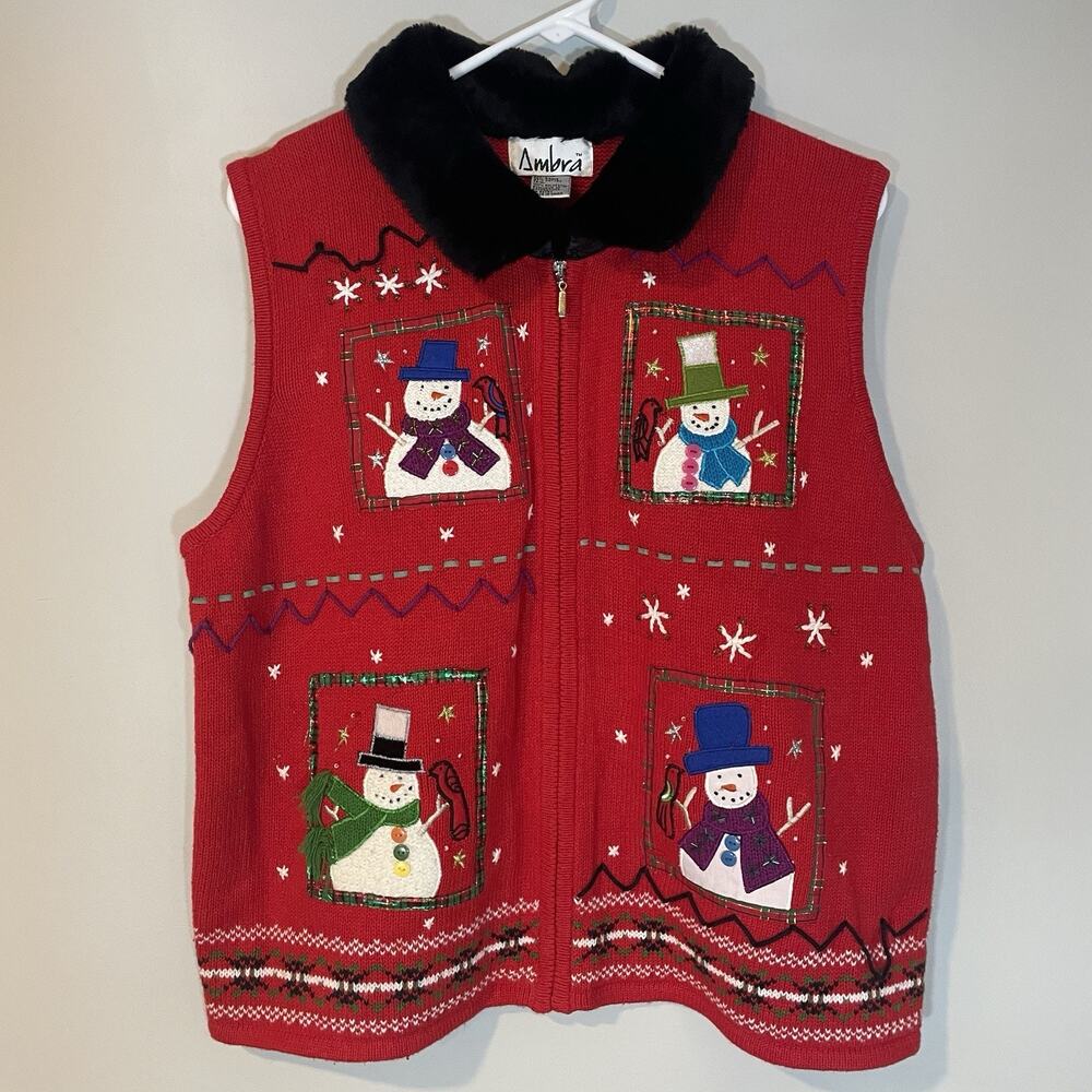 VTG AMBRA Christmas Sweater Vest‎ Women XL Red Embroidered Snowman Faux Fur